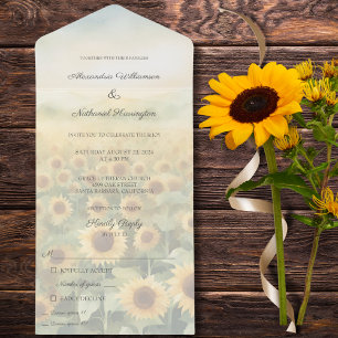 Campo de girasoles todos en una invitación de boda