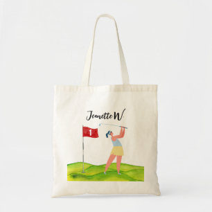 Campo de golf con bolso de oro femenino