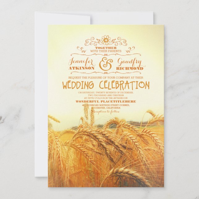 campo de trigo amarillo invitaciones a bodas rústi (Anverso)