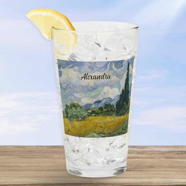 Campo de trigo Van Gogh con nombre personalizado d (A personalized glass featuring Van Gogh's art "Wheat Field with Cypresses" and inspiring quote)