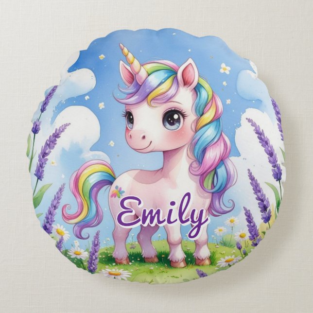 Campo Lavender Unicornio Nombre editable Almohada  (Anverso)