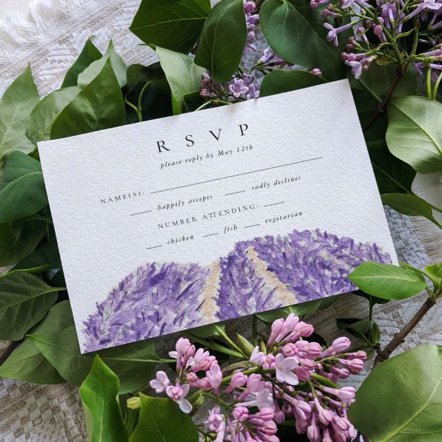 Campos de lavanda acuarela Boda RSVP (Watercolor lavender fields wedding RSVP response cards.)