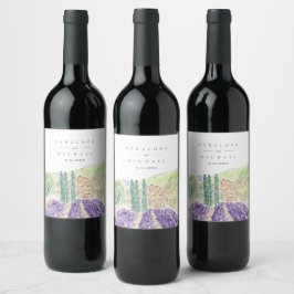 Campos de lavanda de color de agua etiqueta de vin