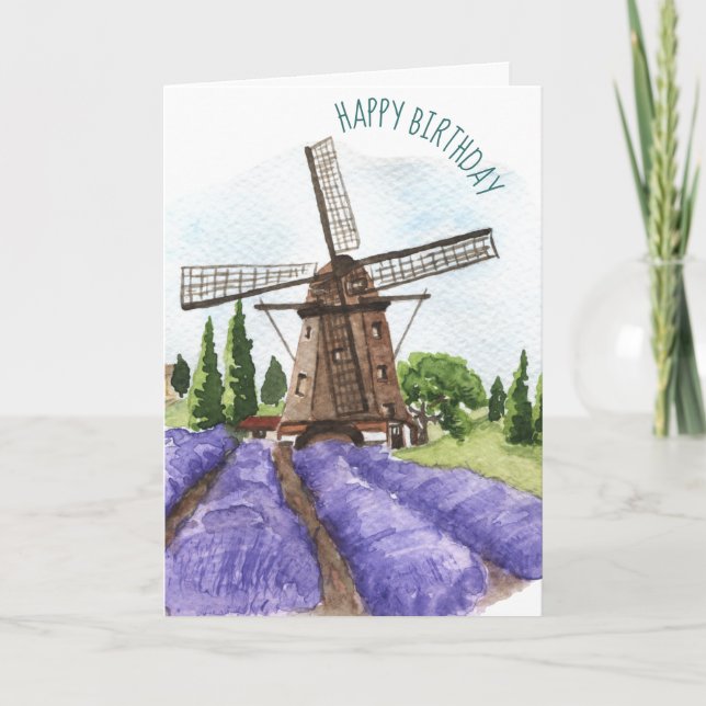 Campos de lavanda y tarjeta de cumpleaños de molin (Anverso)