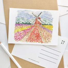 Campos de tulipán en la postal de acuarela de los