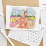 Campos de tulipán en la postal de acuarela de los<br><div class="desc">Una postal de viaje con acuarela pintada con gusto,  con campos de tulipanes en los Países Bajos.</div>