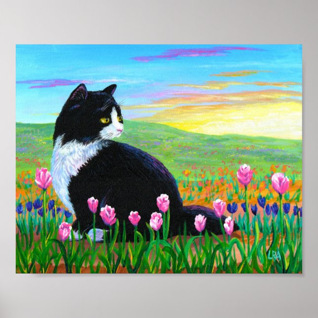 Campos de tulipanes de arte de gato negro de Tuxed (Frente)