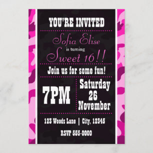 Camuflage Pink & Black Birday Party Invitación