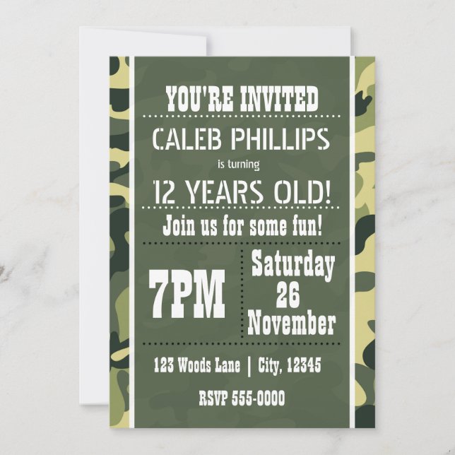 Camuflaje del Ejército Verde Invitaciones a la fie (Anverso)