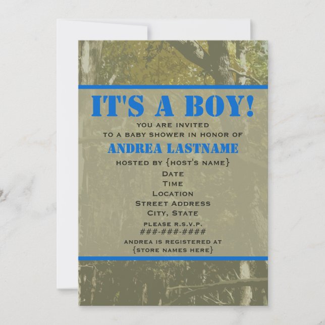 Camuflaje e invitación azul a Baby Shower (Anverso)