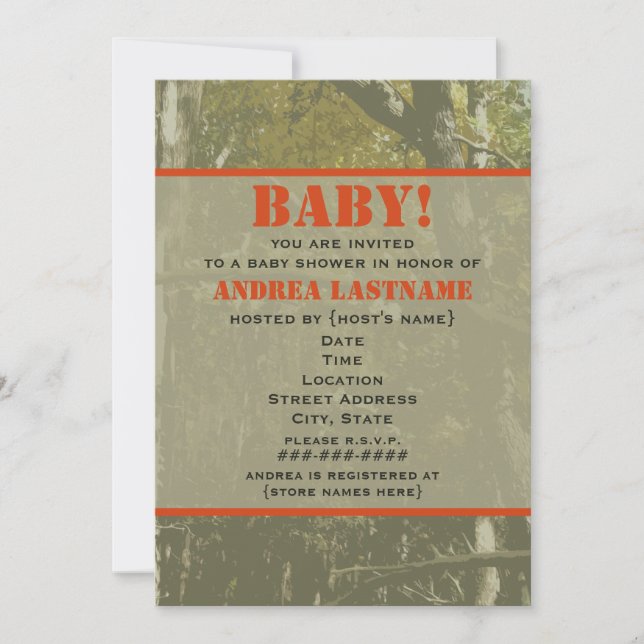 Camuflaje y invitación anaranjada de Baby Shower (Anverso)