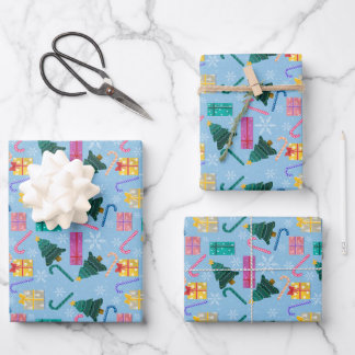 Caña de caramelo, árboles y regalos de papel de en