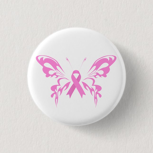 Cáncer de mama con mariposa de cinta rosa | Botón  (Anverso)