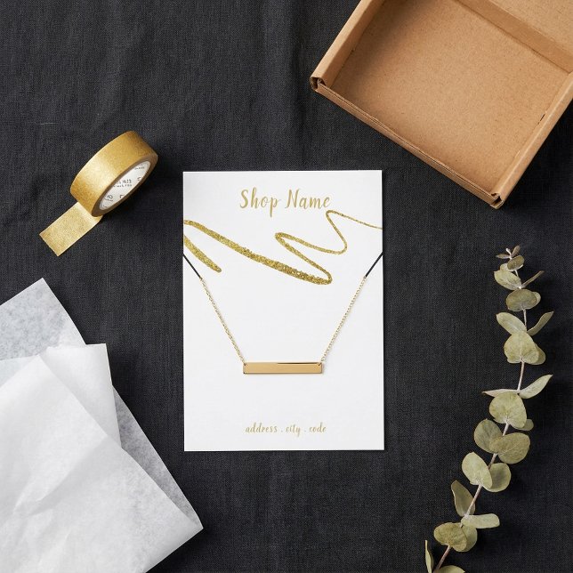 Canción de oro brillante, tarjeta de visualización (Gold sparkly squiggle, necklace display card.)