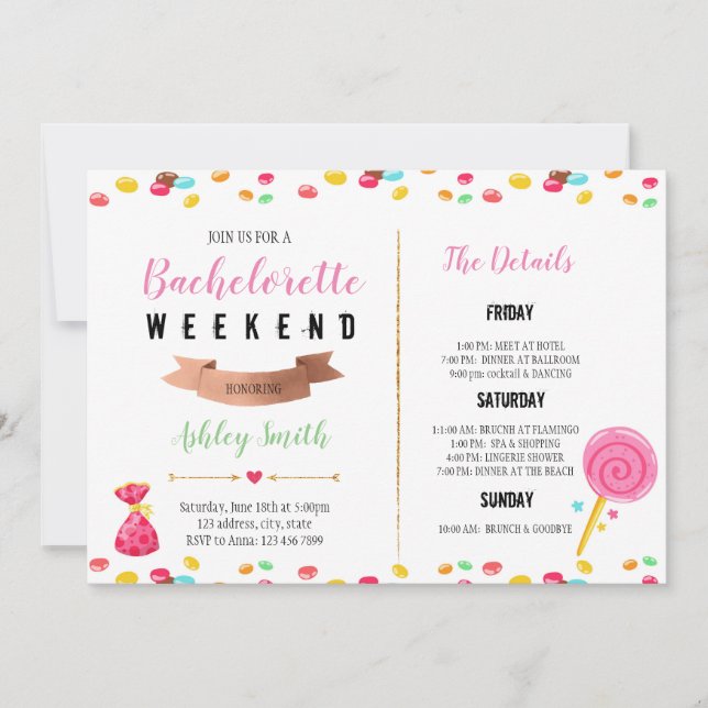 Candy bachelorette Invitación tineraria (Anverso)