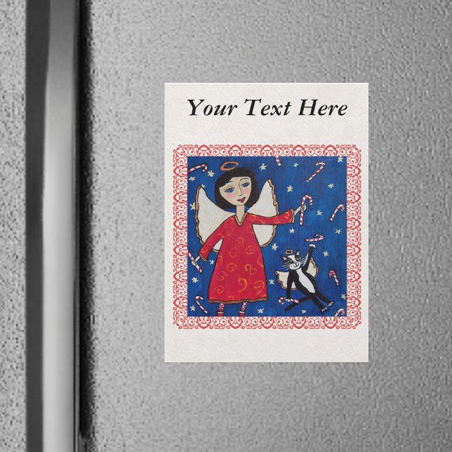 Candy Cane Angel Cat Navidades Arte Popular (Chritmas Angel floating in sky with angel cat catching candy canes in red frame on fridge magnet.)
