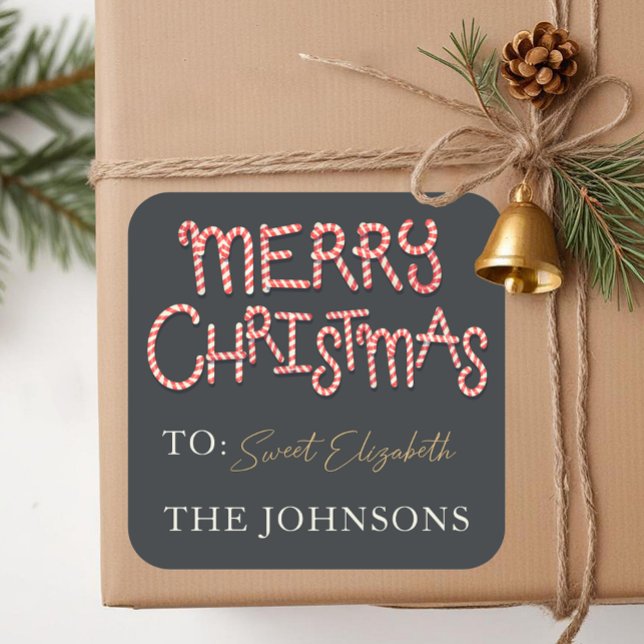 Candy Cane Merry Christmas Gift Etiqueta Pegatina (Square Christmas Gift Tag)
