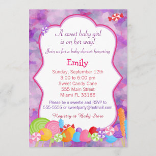 Candy Invitación Bebé Chica Ducha Púrpura Rosa