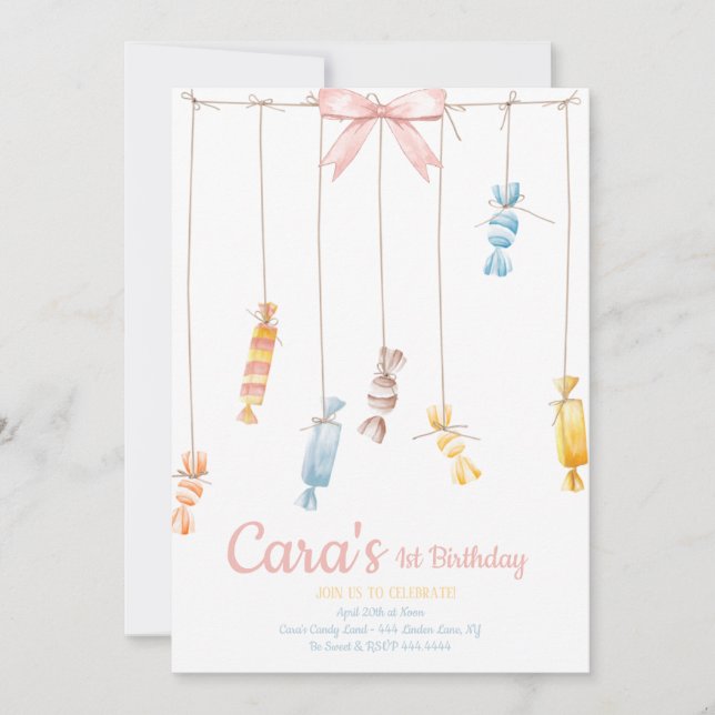 Candy land Invitación a la fiesta de primer cumple (Anverso)