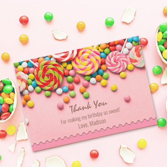 Candy Sweet Shop Tarjeta de agradecimiento (Candy Sweet Shop Thank You Card, design features colorful pastel color candies. #sweetshop #candy)