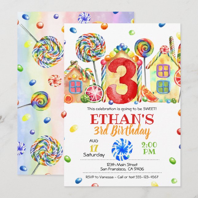 Candyland Candy Invitación para el tema del candel (Anverso / Reverso)