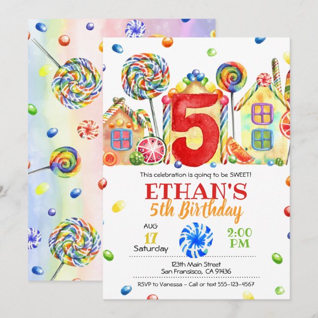 Candyland Candy Invitación para el tema del canto  (Anverso / Reverso)
