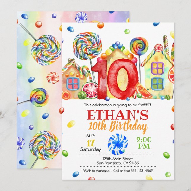 Candyland Candy Invitación para el tema del canto  (Anverso / Reverso)