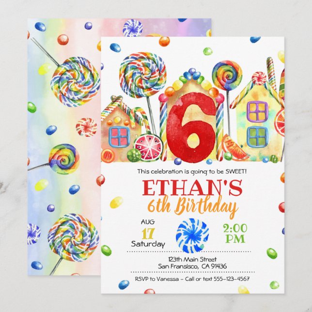 Candyland Candy Invitación para el tema del canto  (Anverso / Reverso)