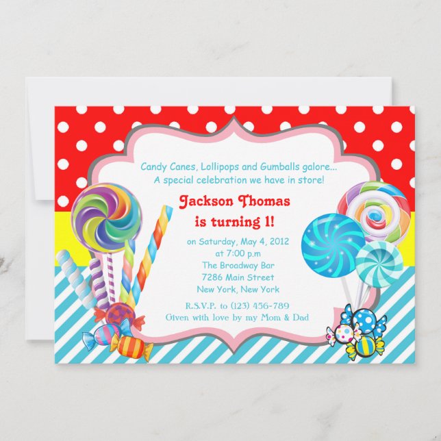 Candyland Candy Tema Invitación al cumpleaños (Anverso)