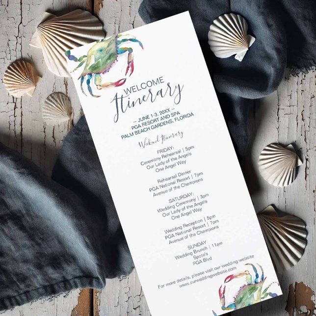 Cangrejo acuarela Boda Itinerario (Flat lay of a watercolor crab wedding itinerary card featuring a blue crab illustration)