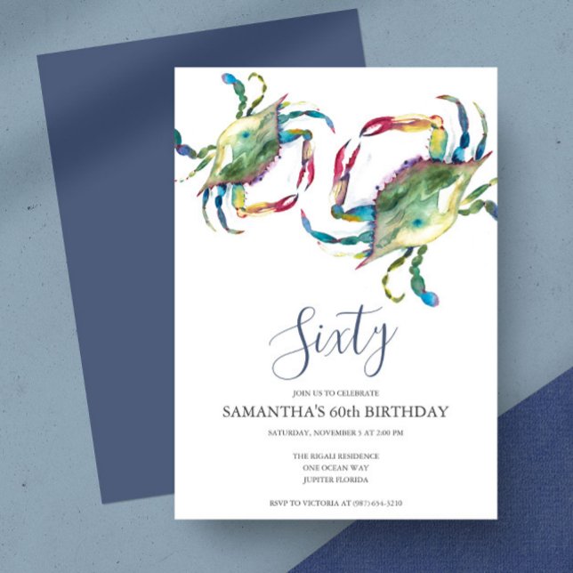 Cangrejo acuarela Hervir Invitación a los 60 años (Birthday invitation crab fest watercolor blue crab art by Victoria Grigaliunas)