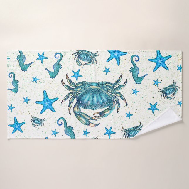 Cangrejo azul de playa moderna estrella de mar cab (Toalla de baño)