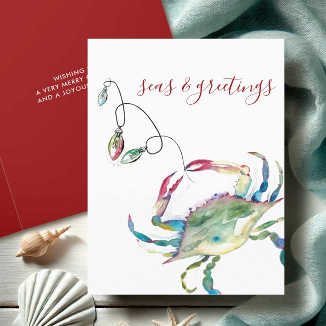 Cangrejo de acuarela costera Playa de Navidad (Beach Christmas cards watercolor blue crab art by Victoria Grigaliunas Do Tell A Belle)