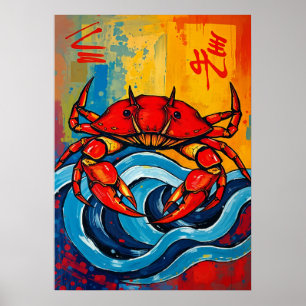 Cangrejo Rojo Audaz Arte de Ola Japonesa