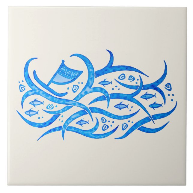 Canoa hawaiana del petroglifo en la baldosa (Frente)