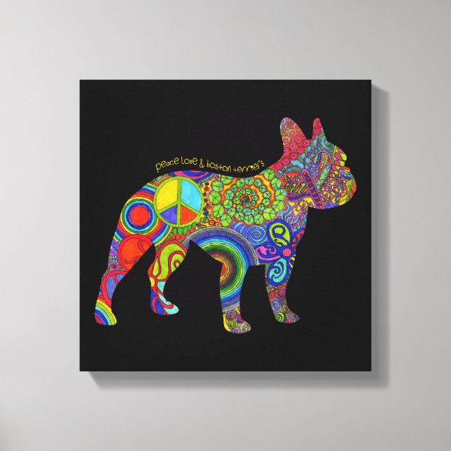 Canvas de arte pop "Peace Love & Boston Terriers" (Anverso)