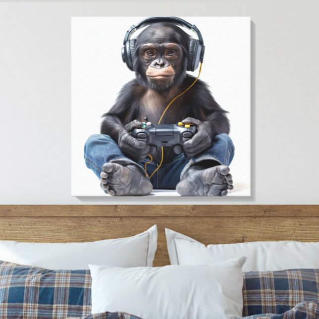 Canvas Gamer Chimp Gracioso Arte Animal para Niños (Funny Gamer Monkey Chimp playing video games wearing jeans and headphones kids canvas wall art)