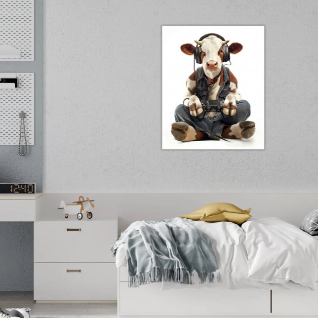 Canvas Gamer Cow Divertidos niños Decoración Anima (Funny Gamer Cow wearing headphones and Denim Jeans playing video games Kids Canvas Art)