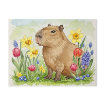 Capibara lindo con postal de flores de primavera