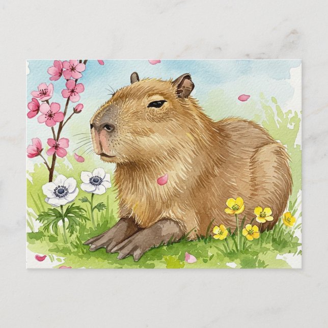 Capibara lindo con postal de flores de primavera (Anverso)