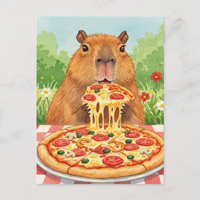 Capibara lindo con tarjeta postal de pizza (Anverso)
