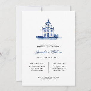 Capilla azul y blanca Ensayo de cena Invitación