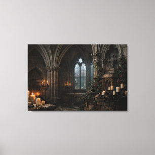 Capilla embrujada iluminada con velas en lienzo en
