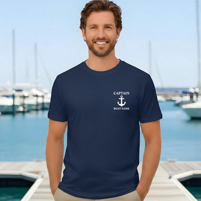 Capitán Náutico Nombre Barco Ancla Camiseta Azul M (Customize to change text size. Choose from a variety of shirt colors and styles.)