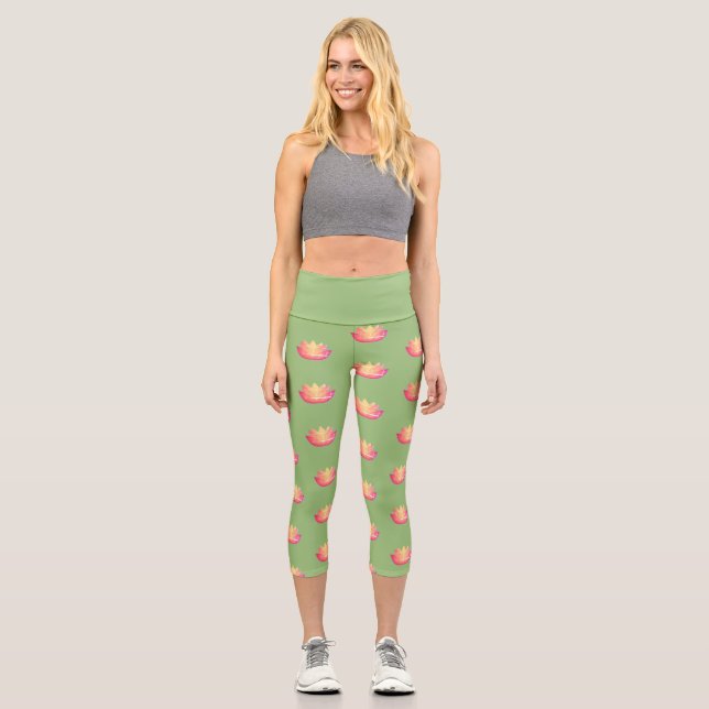 Capri Hermosas leggings de flores de loto rosado. (Anverso)