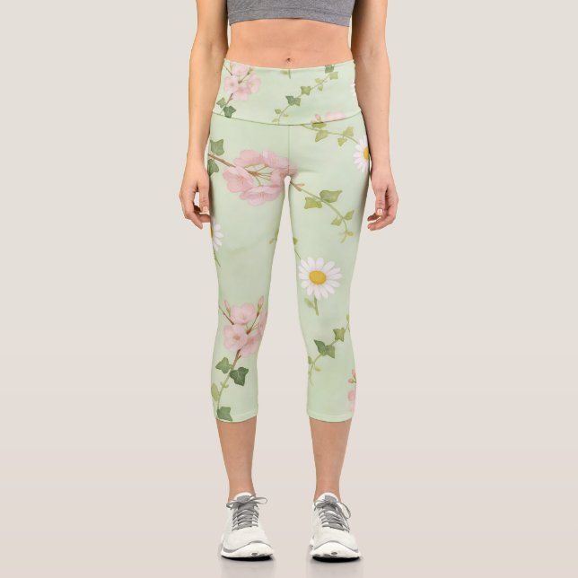 Capri Leggings con estampado de flores suaves de primave (Anverso)