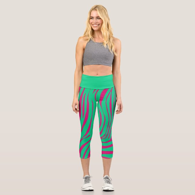 Capri Leggings de moda con patrón de cebra de neón (Anverso)