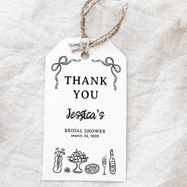 Caprichosa etiqueta para regalo de Despedida de So (Black Hand Drawn Whimsical Bridal Shower Tag, Whimsical Illustration Bridal Shower Tag Bow Food )
