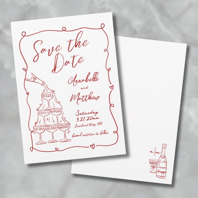 Caprichosa Tarjeta Roja de Boda Guardar la Fecha D (Whimsical Hand Drawn Red Wedding Save The Date)