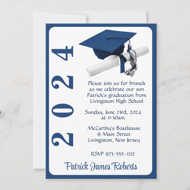 Cápsula y Diploma 5x7 Invitación a graduación azul (Anverso)